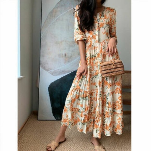 Zara Dresses & Skirts - ZARA Orange Floral Tiered Maxi Dress Size Medium